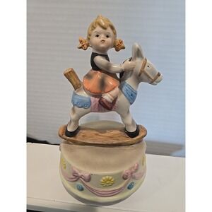 Vintage porcelain‎ music box w/little girl Riding A Horse